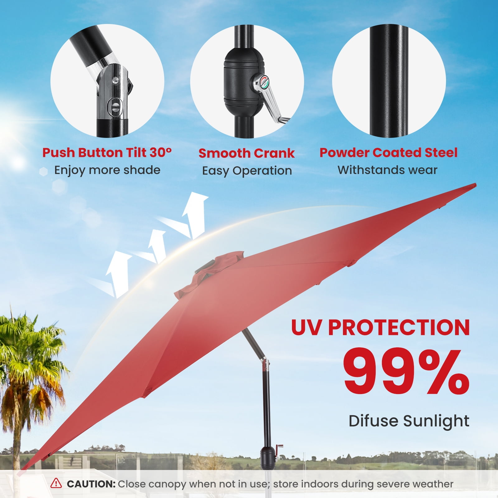 EDX 10ft Solar Polyester 32 LED Lighted Patio Umbrella with Tilt Adjustment and UV-Resistant Fabric,Red