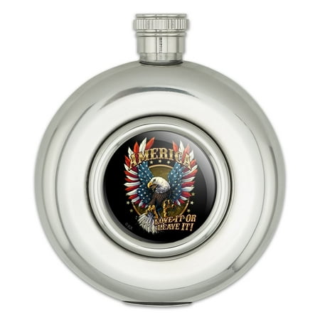 

America Love It Or Leave Eagle USA American Flag Round Stainless Steel 5oz Hip Drink Flask