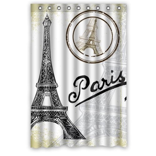 GreenDecor Black White Paris Eiffel Tower Waterproof Shower Curtain Set