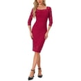 thumbnail image 1 of Vestido de encaje Allegra K para mujeres, con mangas 3/4, escote cuadrado, midi, recto, talla XS, rojo oscuro, 1 of 5