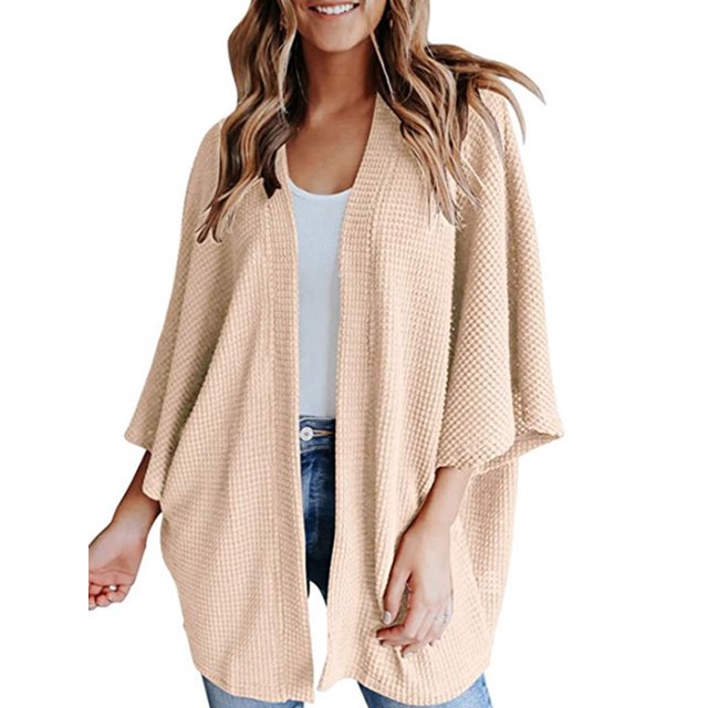 Jumpingount Suéter abierto frontal para mujer, cárdigan de punto suelto de poliéster, manga 3/4, ropa informal de primavera y otoño, blanco, L Prendas para la parte del cuerpo albaricoque METRO Jumpingount AP003557-37