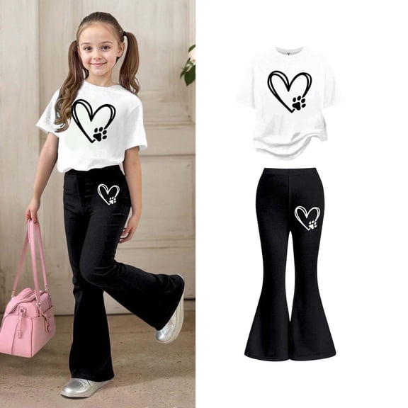Teen Girls 2 Piece Outfits Short Sleeve Heart T-Shirt Top and Flared Pants Sets Girls Spring Clothes 10-11 Years Old Girl Clothes