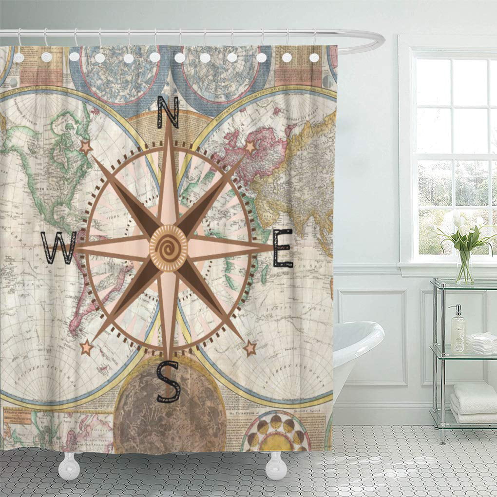 Cynlon Baby World Compass Rose Room, Vintage Map Shower Curtain