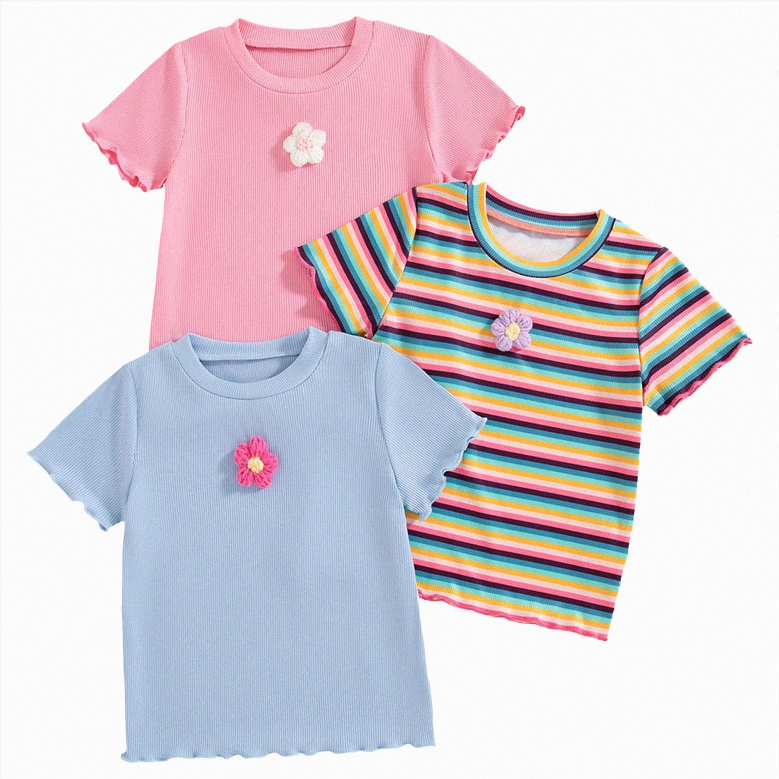 YDFCWX Shirts for Girls 3 Piece T Shirts Trendy One Shoulder Sleeve Casual Kids Blouse Soft Summer Tees Tops Blue 6-7 Years