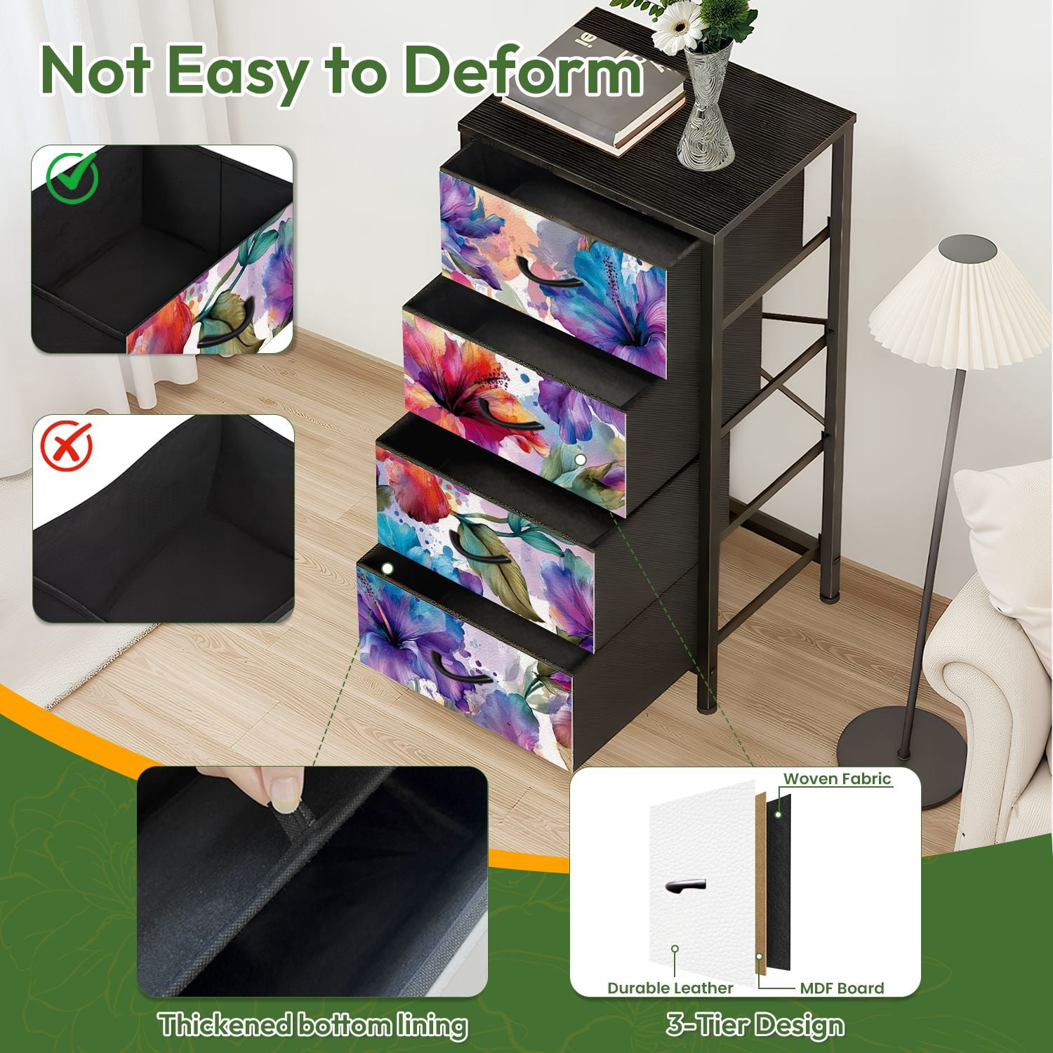 4 Drawer Vertical Storage Dresser Watercolor beautiful hibiscus flowers Dirty colorful with Wood Top Fabric Pull Drawers