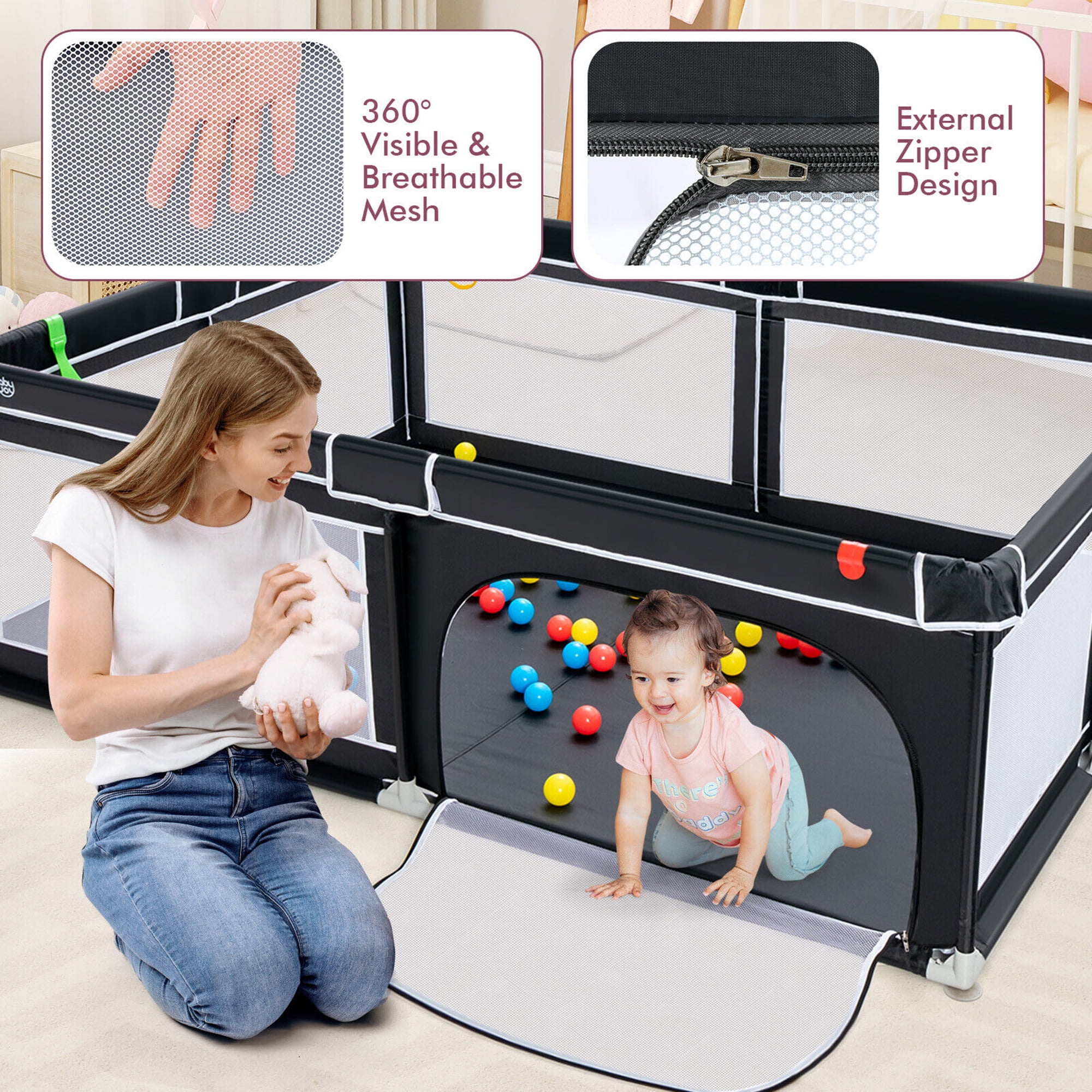 Gymax Baby Playpen Extra-Large Safety Baby Fence w/ Ocean Balls & Rings Black