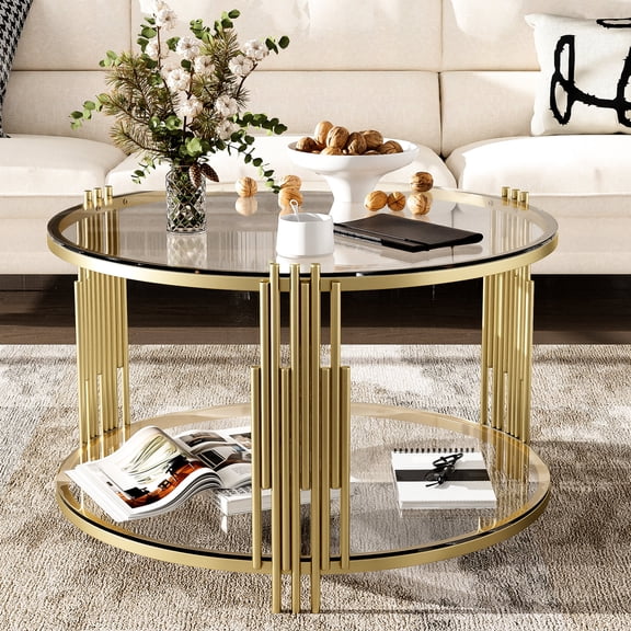 31.5" Modern Glass Coffee Table, Lower Shelf & Circular Base / Practical & Elegant