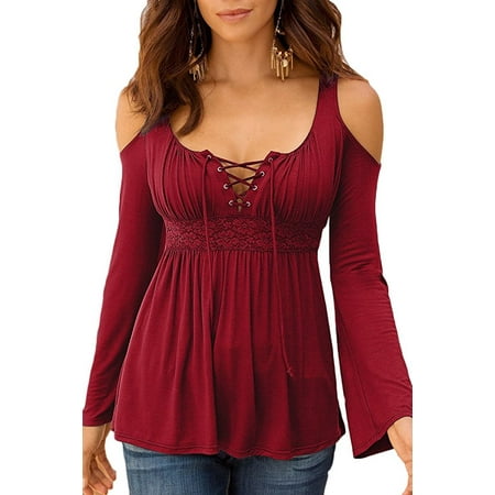Lace Shoulder Button - Women's Sexy Cold Shoulder Blouses Lace-up Ribbed Tops Casual T-shirts