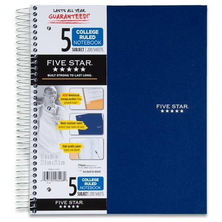 Five Star Wirebound Notebook, 5-Subject, 200-Count, College Rule, Pink (72073)
