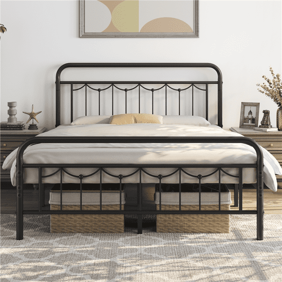 Topeakmart Queen Size Metal Platform Bed Frame with Headboard and Footboard, Matte Black