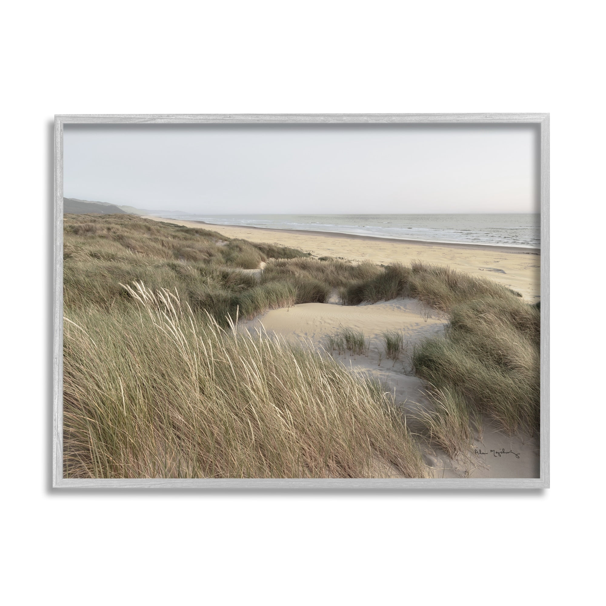 Stupell Industries Muted Beach Coast Tall Grassy Dunes Distant Mountains Photography Gray Framed Art Print Wall Art, 14x11, by Alan Majchrowicz