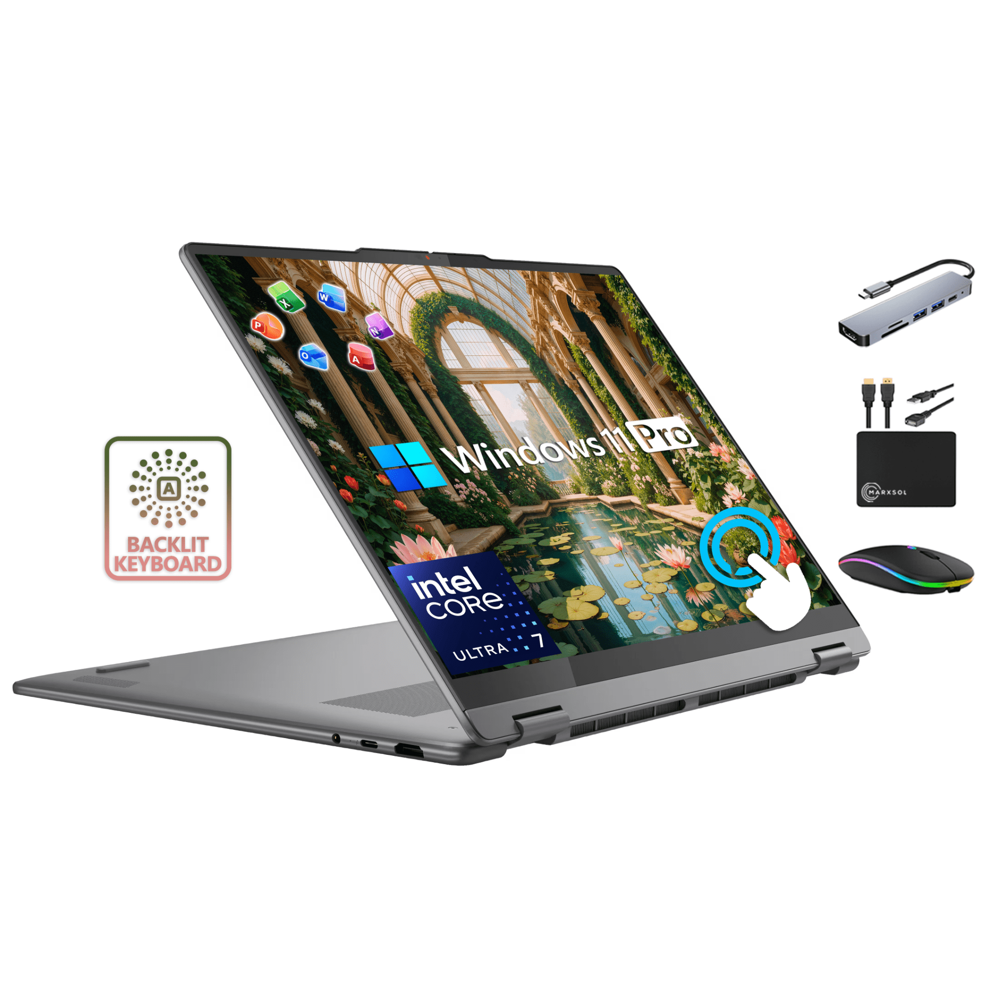 Lenovo Yoga 7 2-in-1 16 Touch Laptop Intel Core Ultra 7 256V 16GB RAM & 1TB Storage (512GB SSD + 500GB Ext) MS Office Suite for Business & Student Win 11 Pro Wi-Fi 7 MarxsolAccessory