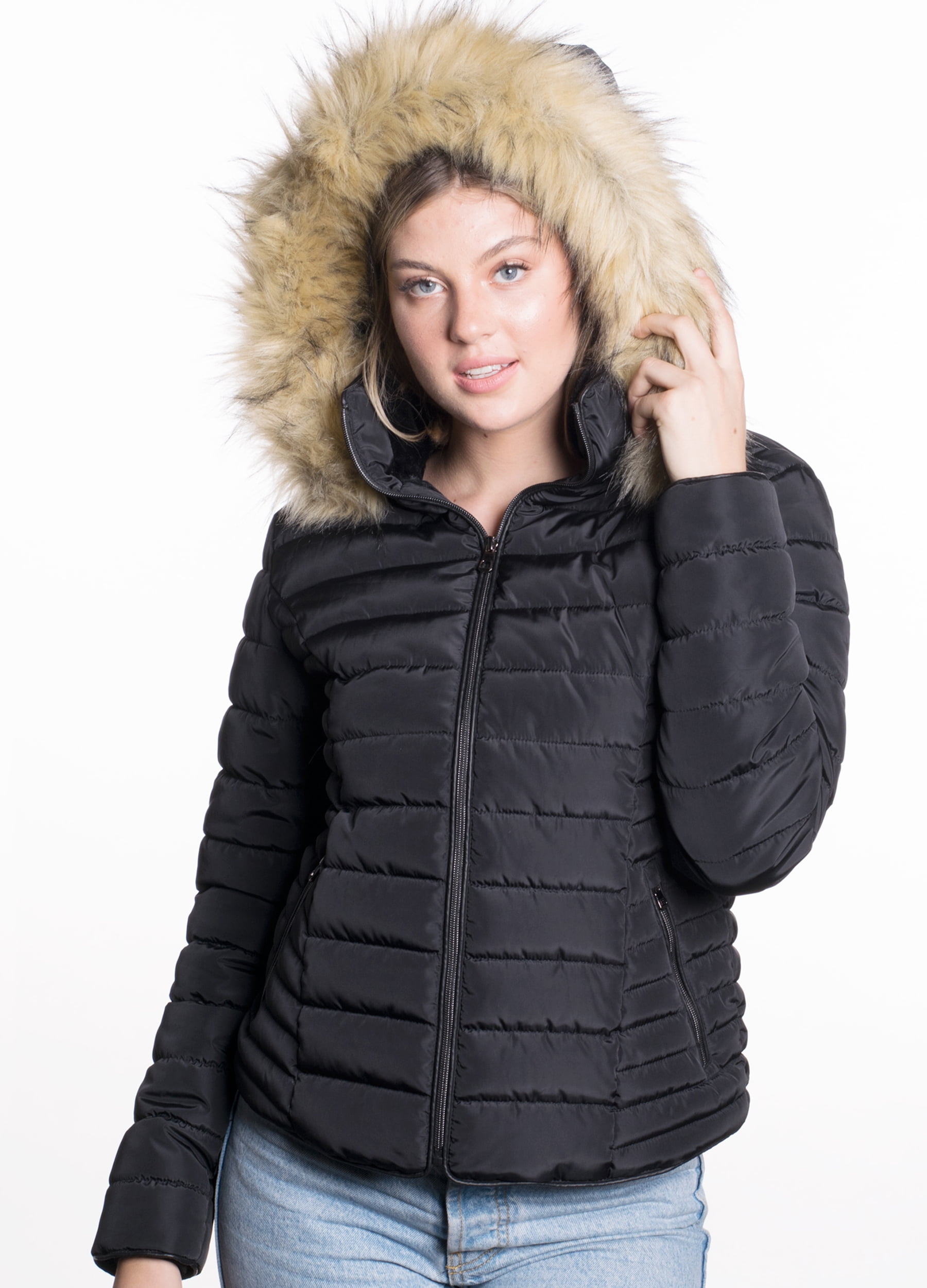 Special One - Women's High Collar Puffer Jacket with Faux Fur Lining ...