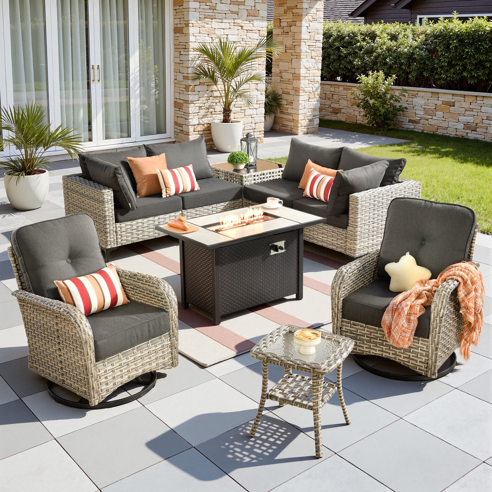 Toject 9 Pieces Patio Furniture Set All Weather Wicker Outdoor Conversation Set with 42" Fire Pit Outside Furniture Patio Sofa with Swivel Chairs & Solar Table, Black
