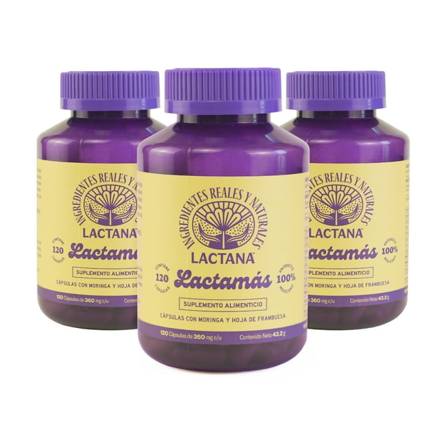 lactana capsulas para incrementara la leche materna 100% natural 3 frascos con 120 capsulas — Tres frascos centrados de Lactana Lactamás en envases plásticos morado con etiqueta crema y logo circular; etiqueta muestra 120 cápsulas y la leyenda 100% natural, tapa roscada morada y superficie brillante del envase.