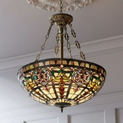 Robert Louis Tiffany Bronze Pendant Chandelier 24" Wide Tiffany Style Ornamental Stained Glass Bowl Fixture Dining Room Kitchen