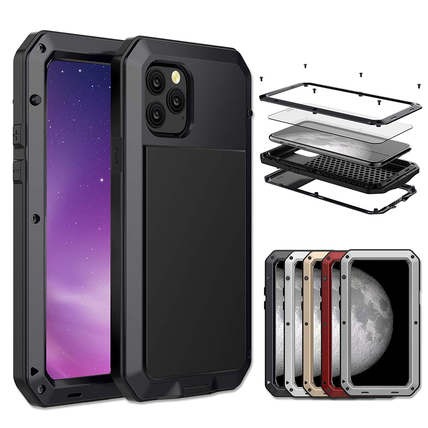 Gorilla Glass Aluminum Metal iPhone 11 Pro Max Case (Black) Heavy Duty Military Grade Shockproof