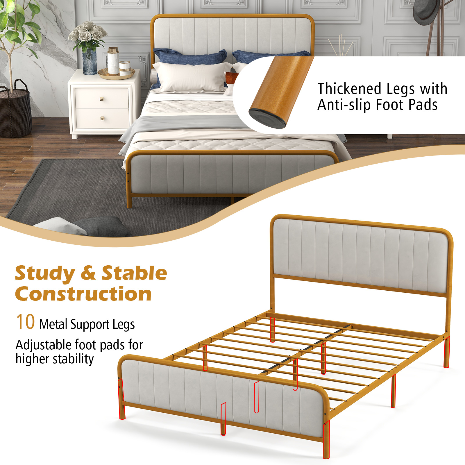 Infans Queen Gold Metal Bed Frame Upholstered Platform Bed with Velvet Headboard