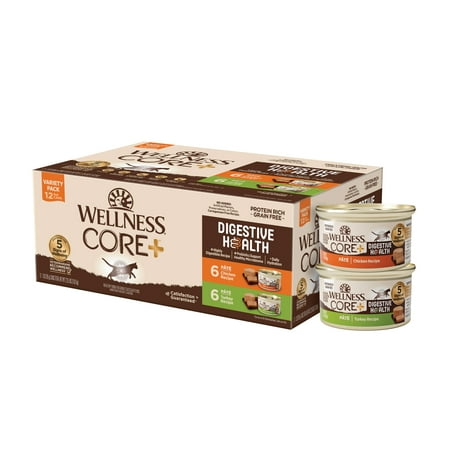 Wellness CORE+ Digestive Health Pate Adult Wet Cat Food, Natural, Protein-Rich, Grain Free, 3 Ounce, 12 Pack (Chicken & Turkey Variety Pack)