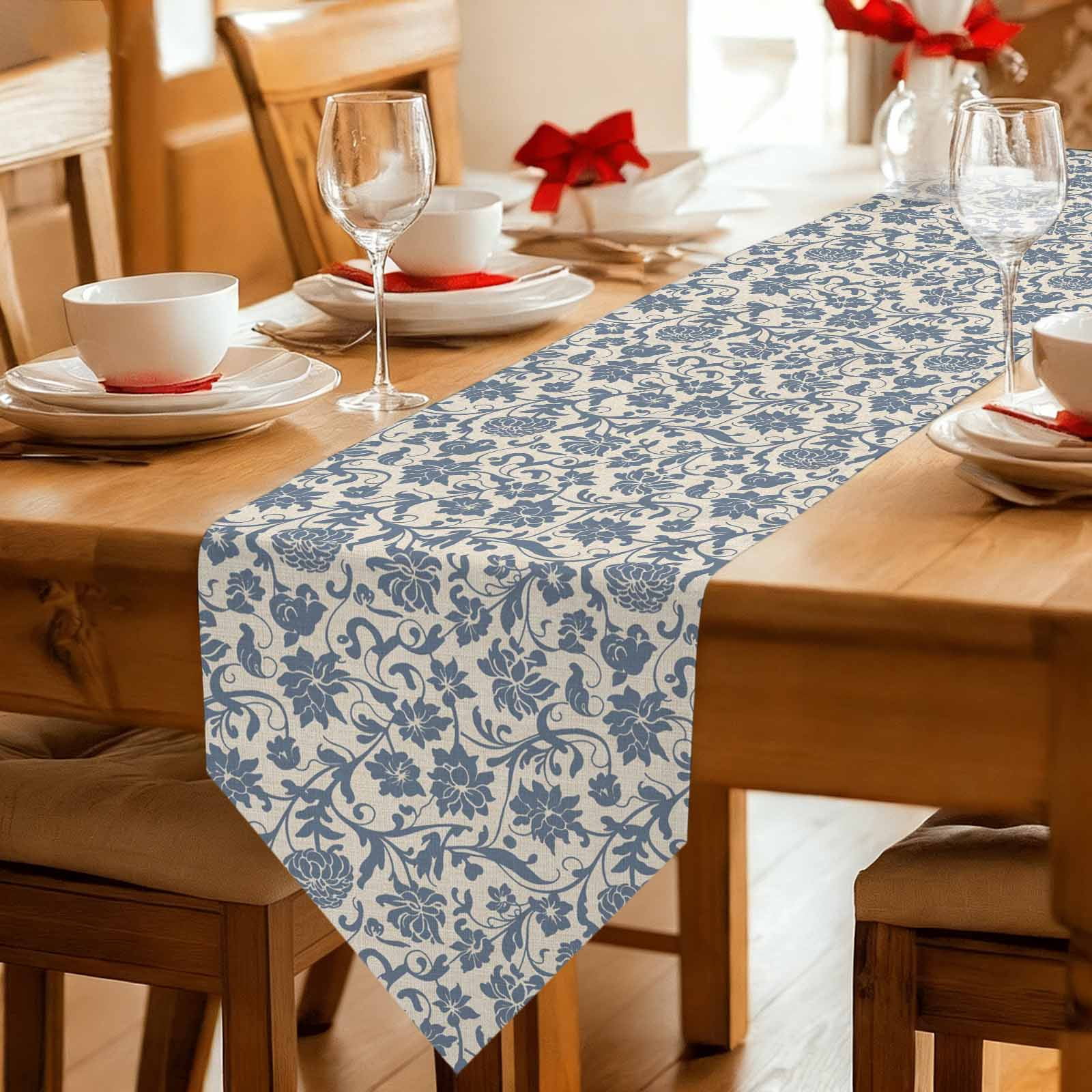 Light Blue Floral Table Runner Linen Burlap Table Runner 48 Inches Long Rustic Vintage Flowers Botanical Spring Dresser Scarves for Kitchen Island Coffee Dining Party Wedding Holiday Decor 13"x48"