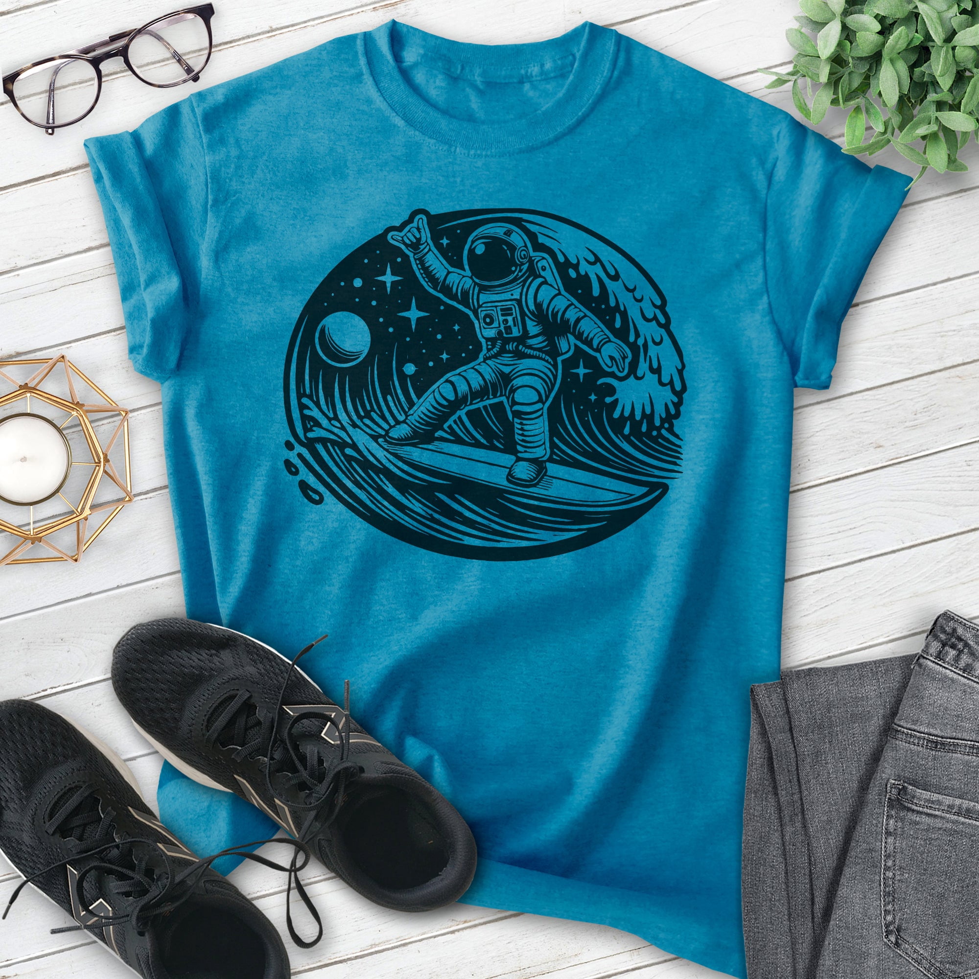 Astronaut Surfing T-shirt, Unisex Women's Men's Shirt, Astronaut Outer Space Surfer Cosmic, Heather Blue, Small