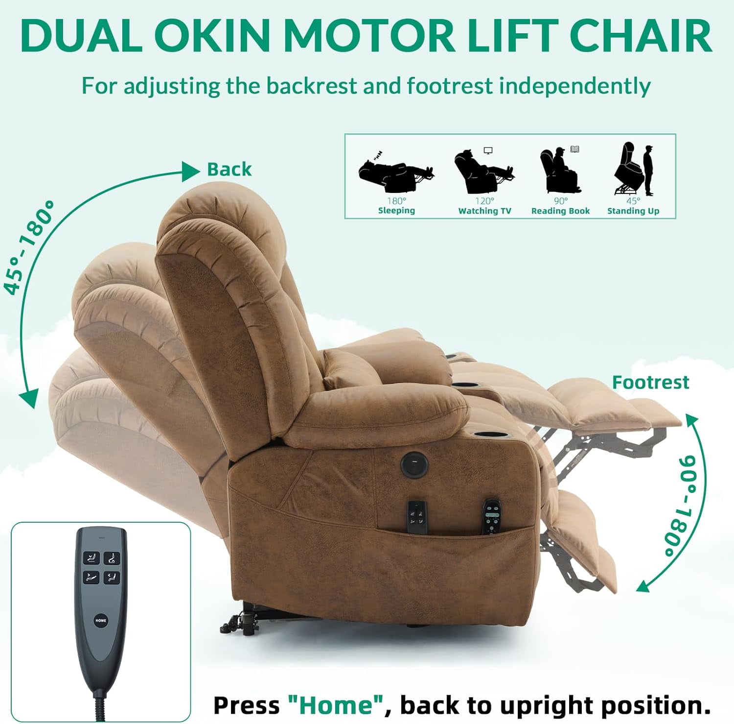 VIVIJASON Tall Man Large Dual Motor Power Lift Recliner Chair with Extended Footrest, Oversized Lay Flat Sleeper Electric Recliner W/Heat & Massage, Lumbar Pillow, USB & Type-C Ports, Brown