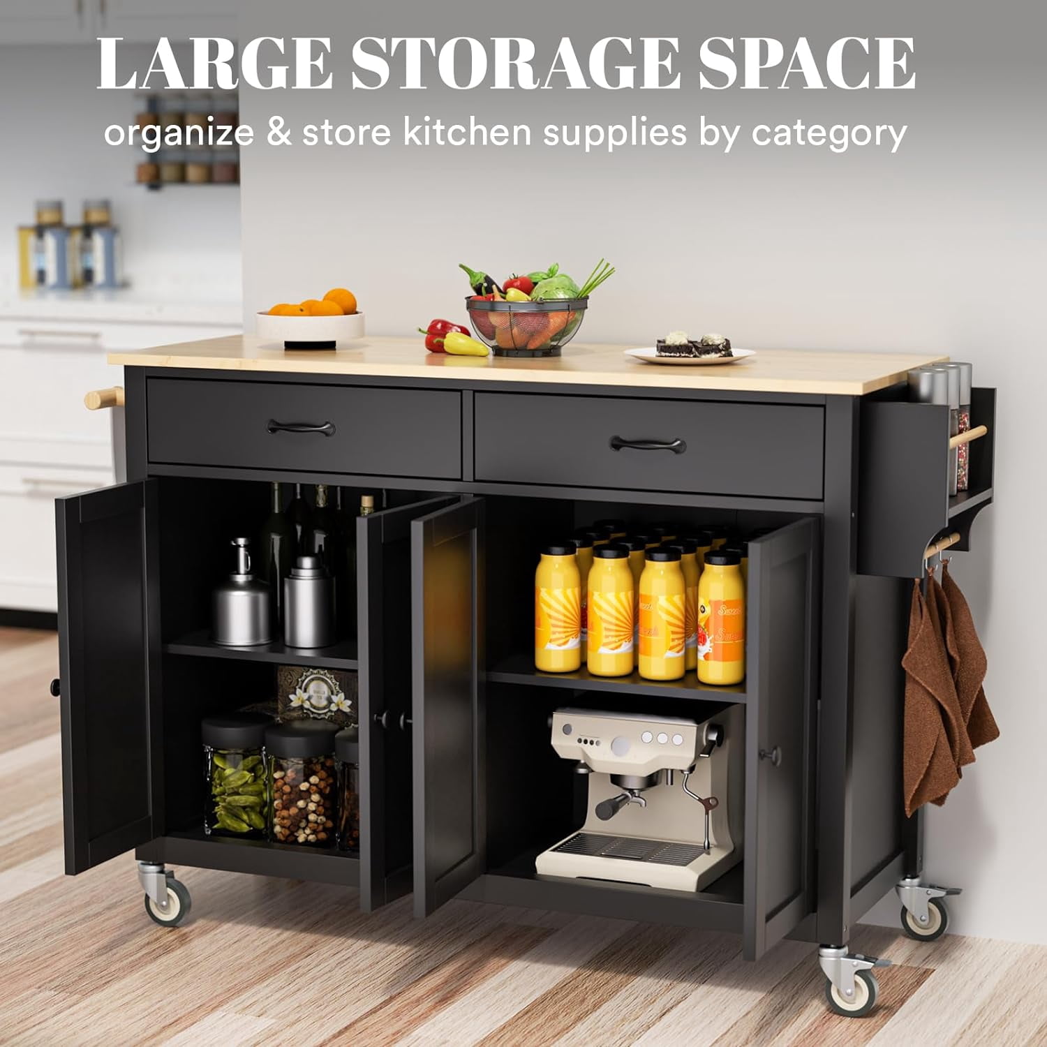 ZIVACATE Kitchen Island Cart with Solid Wood Top Mobile Carts Portable Islands on Wheels, Black