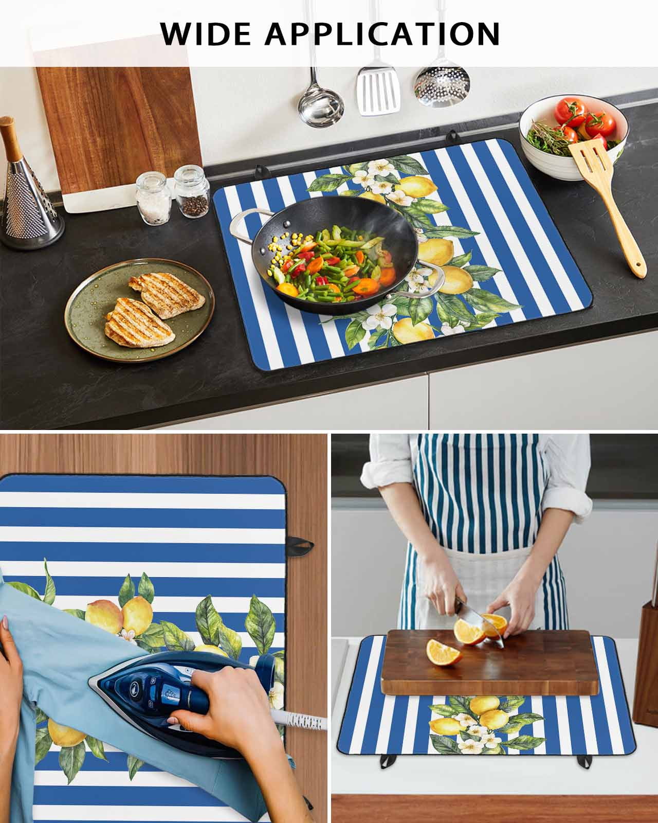 nqOlkjepod Large Induction Cooktop Protector Mat 24"x21", Blue Stripes Lemon Stove Top Covers for Electric Stove, Spring Fruit Flowers Leaves Line Stove Burner Cover Mats, Glass Top Stove Cover