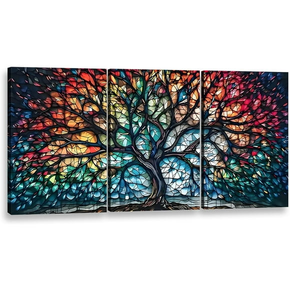 Tree of Life Canvas Wall Art Colorful GlassTree Wall Decor, Abstract Tree of Life Picture for Wall Living Room Bathroom Bedroom Home Decoration 12x18 inch Unframed