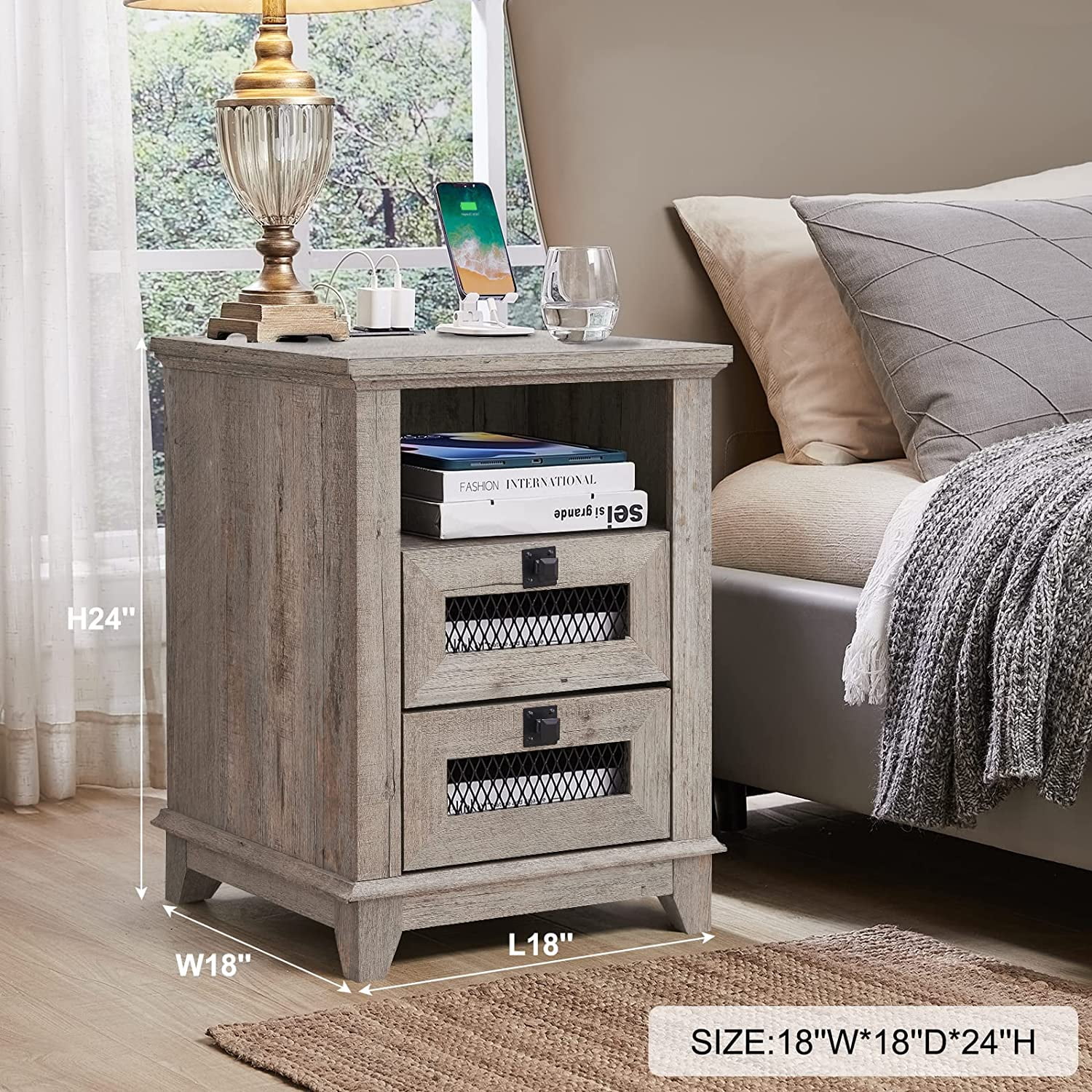 OKD 2-Drawer Wooden Nightstand with Charging Station for Living Room, Modern Square End Table, Light Rustic Oak