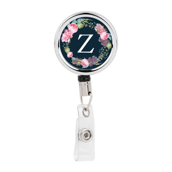 Koyal Wholesale Retractable Badge Reel Holder With Clip, Blush Pink Peonies Flowers Monogram Z