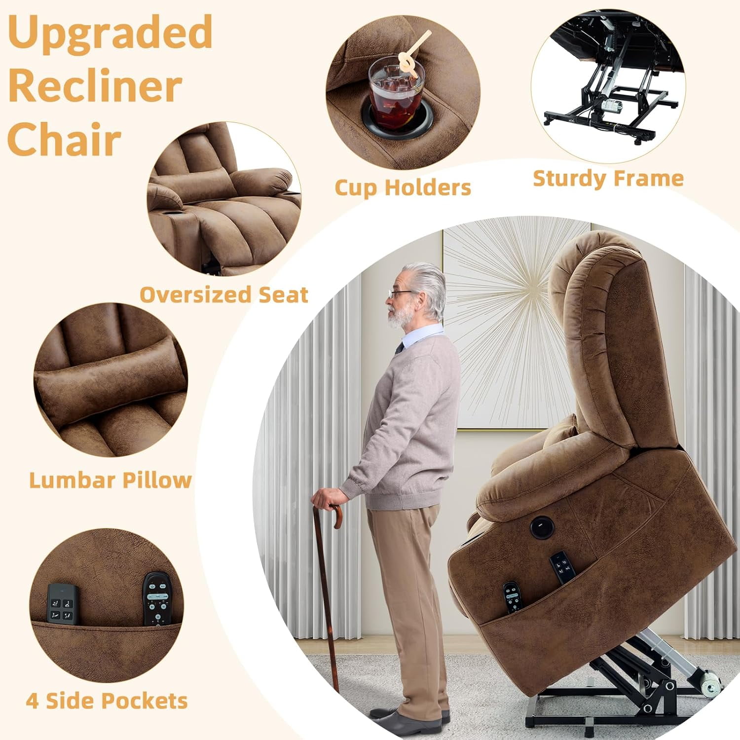 Oversized Dual Motor Power Lift Recliner for Elderly, Extended Footrest, Large Infinite Position Lay Flat Chair for Living Room with Massage & Heat, Lumbar Pillow, USB & Type-C Ports, Brown