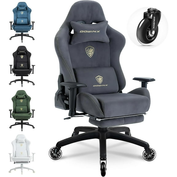 Dowinx Gaming Chair,Breathable Suede Fabric Game Chair with 3D Armrest and PU Wheels,Big and Tall Gaming Chair with Massage Lumbar Support,Ergonomic Computer Chair with Footrest,Grey