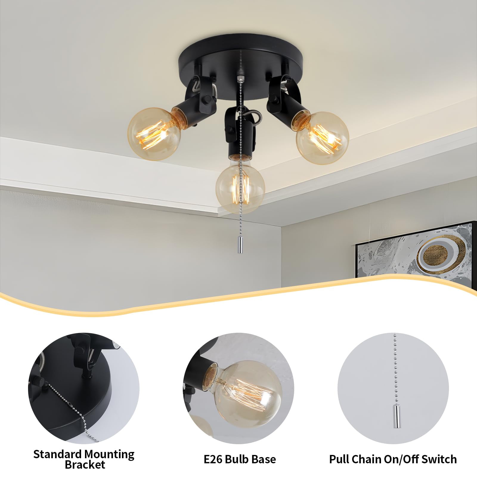KEESFU 3-Light Industrial Flush Mount Ceiling Light, Black Fixture with Rotatable Heads and Pull Chain Switch for Bedroom Kitchen Hallway