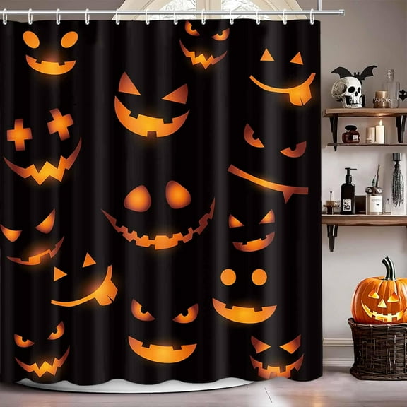 Halloween Evil Waterproof Shower Curtain Horror Orange Smile Shower Curtains for Bathroom Halloween Weird Pumpkin Theme Day of Bathtub Decorative Waterproof Fabric 72"W x 84"L (Pack of 1)