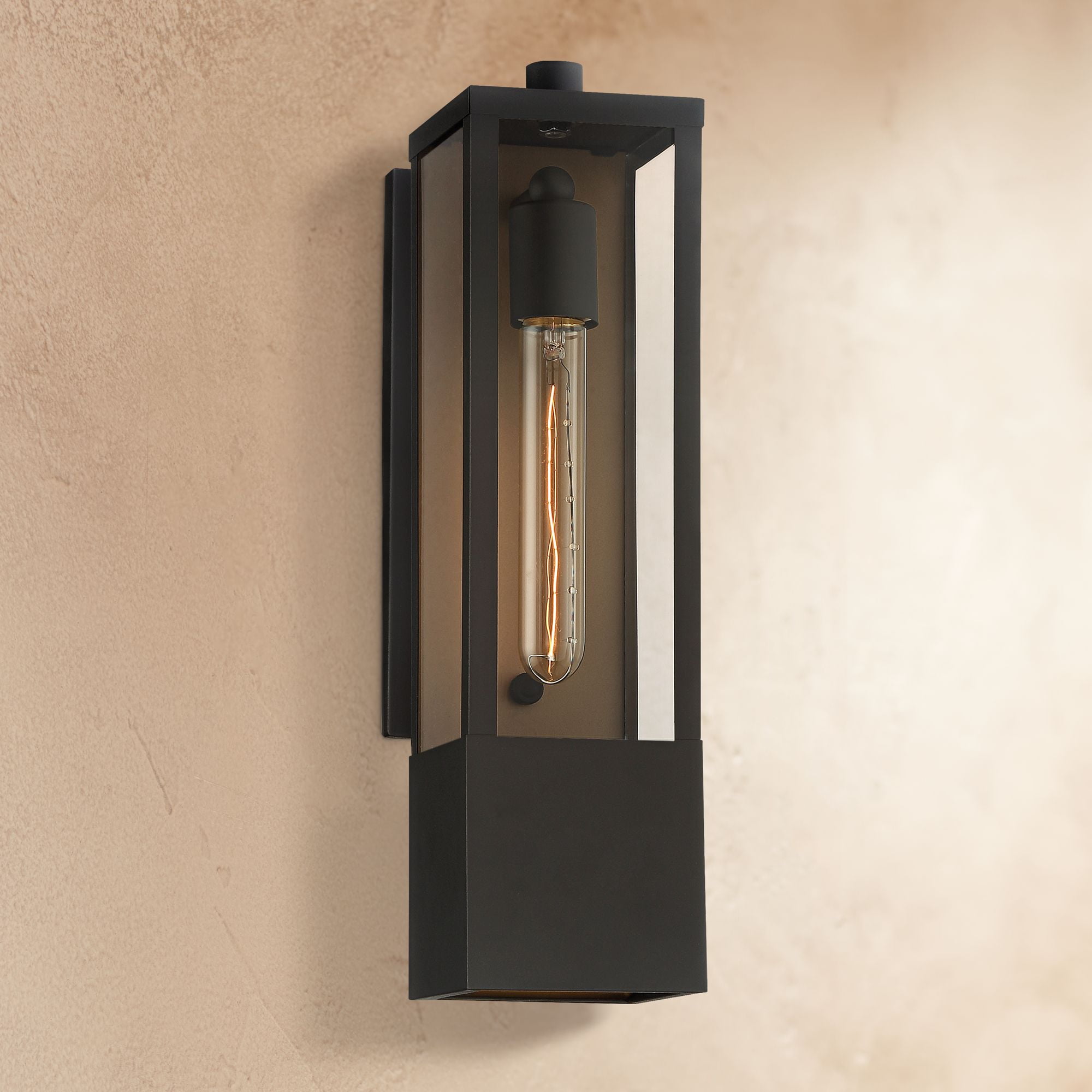 Possini Euro Design Berk Modern Outdoor Wall Light Fixtures Set of 2 Textured Black Gold Metal 16" Clear Glass for Post Exterior Barn