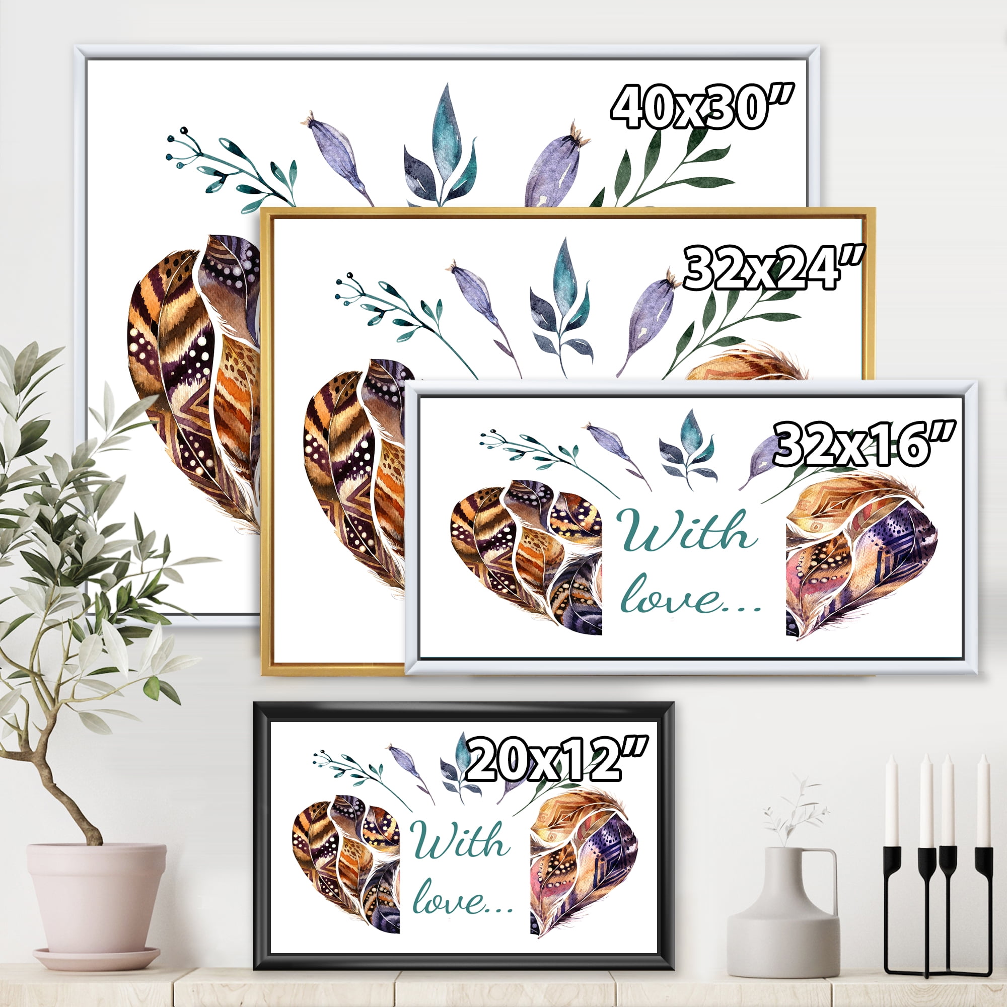Designart 'Hearted Shaped Feathers With Love' Traditional Framed Canvas Wall Art Print