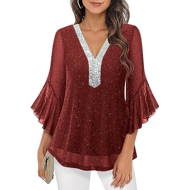 Ounisa Women's Ruffle 3/4 Sleeve Sparkly Tops Sequin V Neck Blouses Dressy Fall Shirts