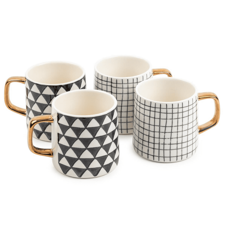 Thyme & Table Drinkware Medallion & Checkered Black & White Assorted Stoneware 15oz Mugs, 4 Pack