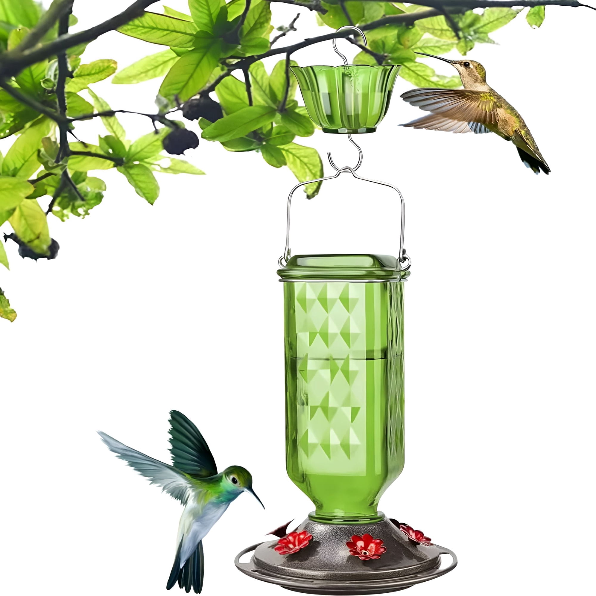 acdanc Glass Hummingbird Feeder for Outdoors Wild Bird – Glass Feeder with 6 Feeding Ports Hanging for Garden Yard, Green (Ant Moat Included)