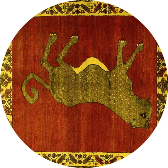 Ahgly Company Machine Washable Indoor Round Animal Yellow Traditional Area Rugs, 4' Round