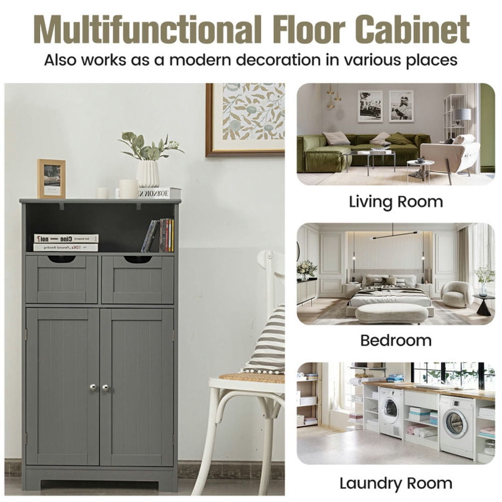 Finihen Storage Cabinet, Bathroom Floor Cabinet, Bathroom Wooden Side Cabinet with 2 Drawers and 2 Doors, for Bathroom, Living Room, Bedroom, Kitchen, Gray