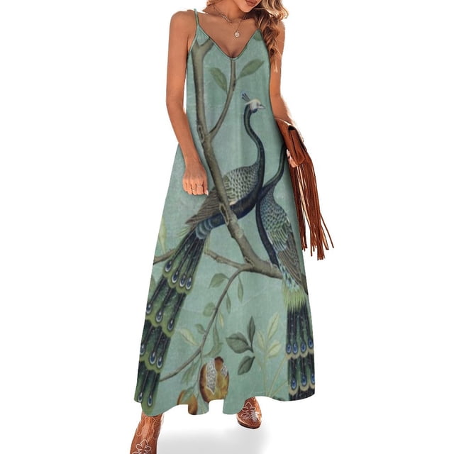Vestido chinoiserie sin mangas con estampado de dos pájaros en verde azulado, vestidos de noche para mujer , vestidos de noche para mujer