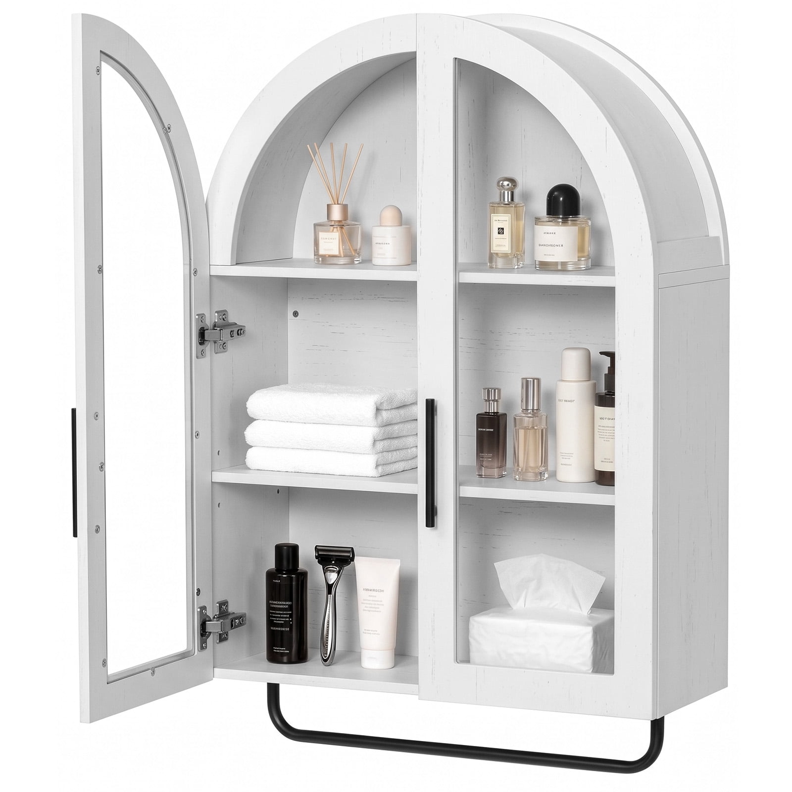 Arched Ceiling 2 Glass Doors 3 Shelves Bathroom Vanity MDF Melamine-Faced Bathroom Vanity with Towel Bar, Grey 23.62*9.45*31.5in