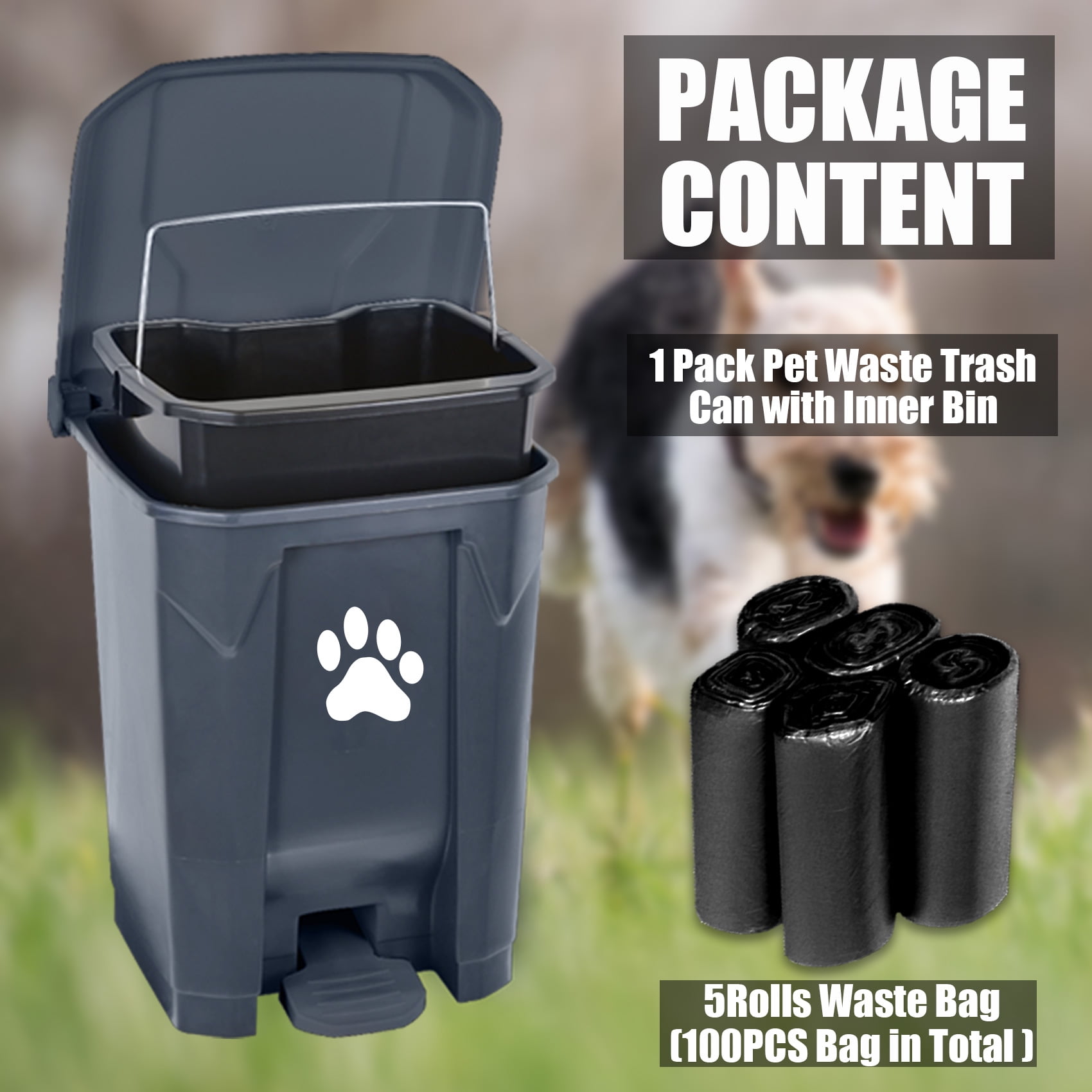 Dog Poop Trash Can Outdoors Pet Waste Station with Lid:15L Plastic Dog Poop Disposal Container with Removable Inner Bin Bucket Foot Pedal Type Garden Yard Home with 5Rolls Waste Bags, Grey