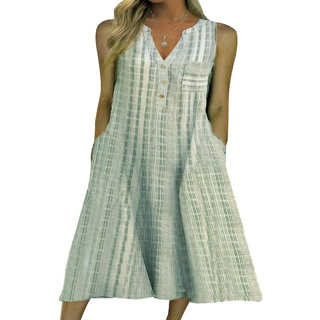 Robes Décontractées à Carreaux pour Femmes Été Col en V Boutonnée Ample Robe Midi Robes d'Été avec Poches Violet G