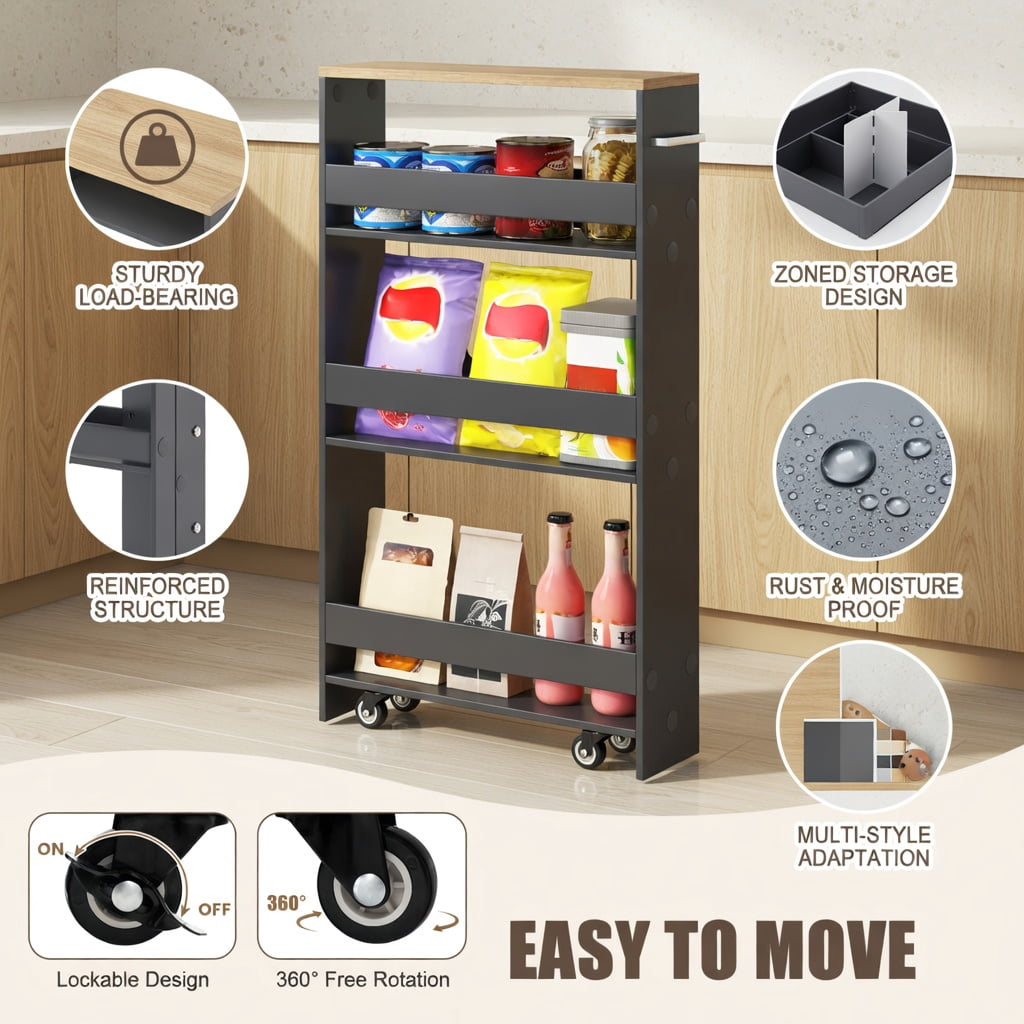 Demi Bonn Rolling Cart, Kitchen Island Cart, Rolling Kitchen Slim Storage Cart Mobile Shelving Organizer with Handle, for Kitchen, Dining Room, Gray