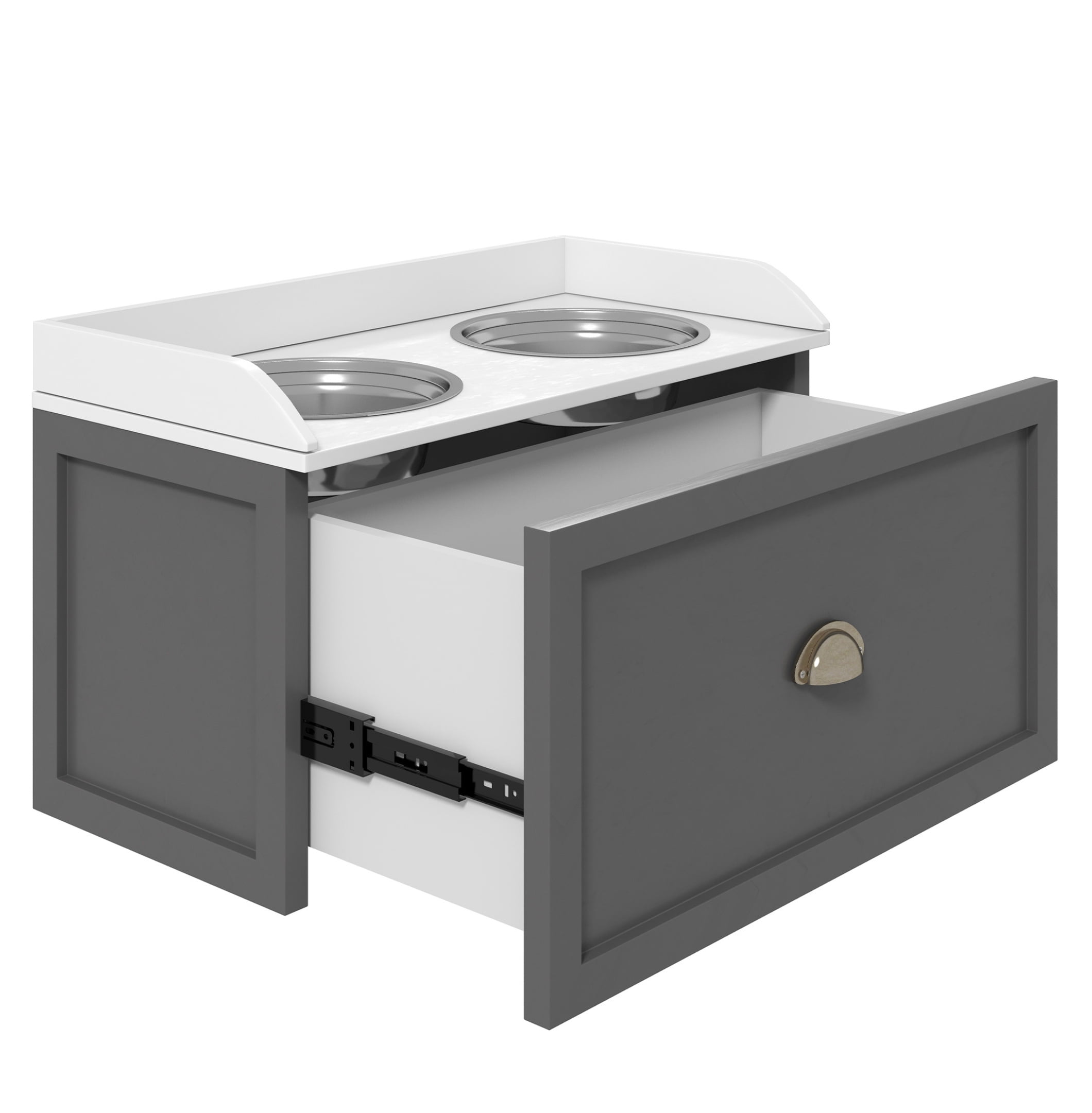 Dog Feeding Station Elevated Bowls, Large Dog Bowls with Storage, 2 Stainless Steel Bowls, Gray