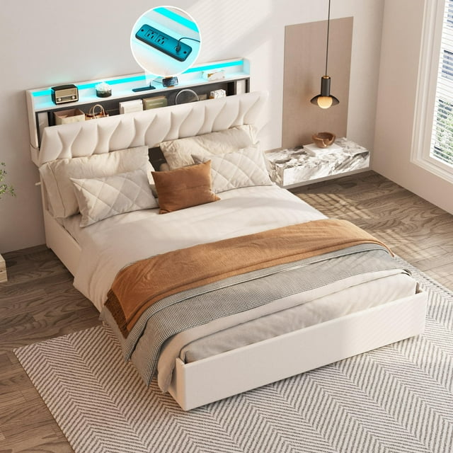 VEANERWOOD Full Size Lift Up Storage Bed Frame with LED Lights & Height Adjustable Storage Headboard,Upholstered Platform Bed, Beige