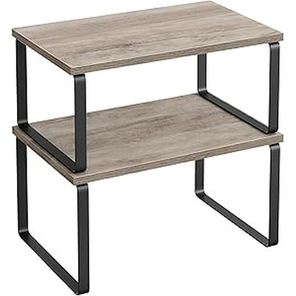 SONGMICS Cabinet Organizer Shelf, Set of 2 Kitchen Counter Shelves, Kitchen Storage, Spice Rack, Stackable, Expandable, Metal and Engineered Wood, Ink Black and Heather Greige